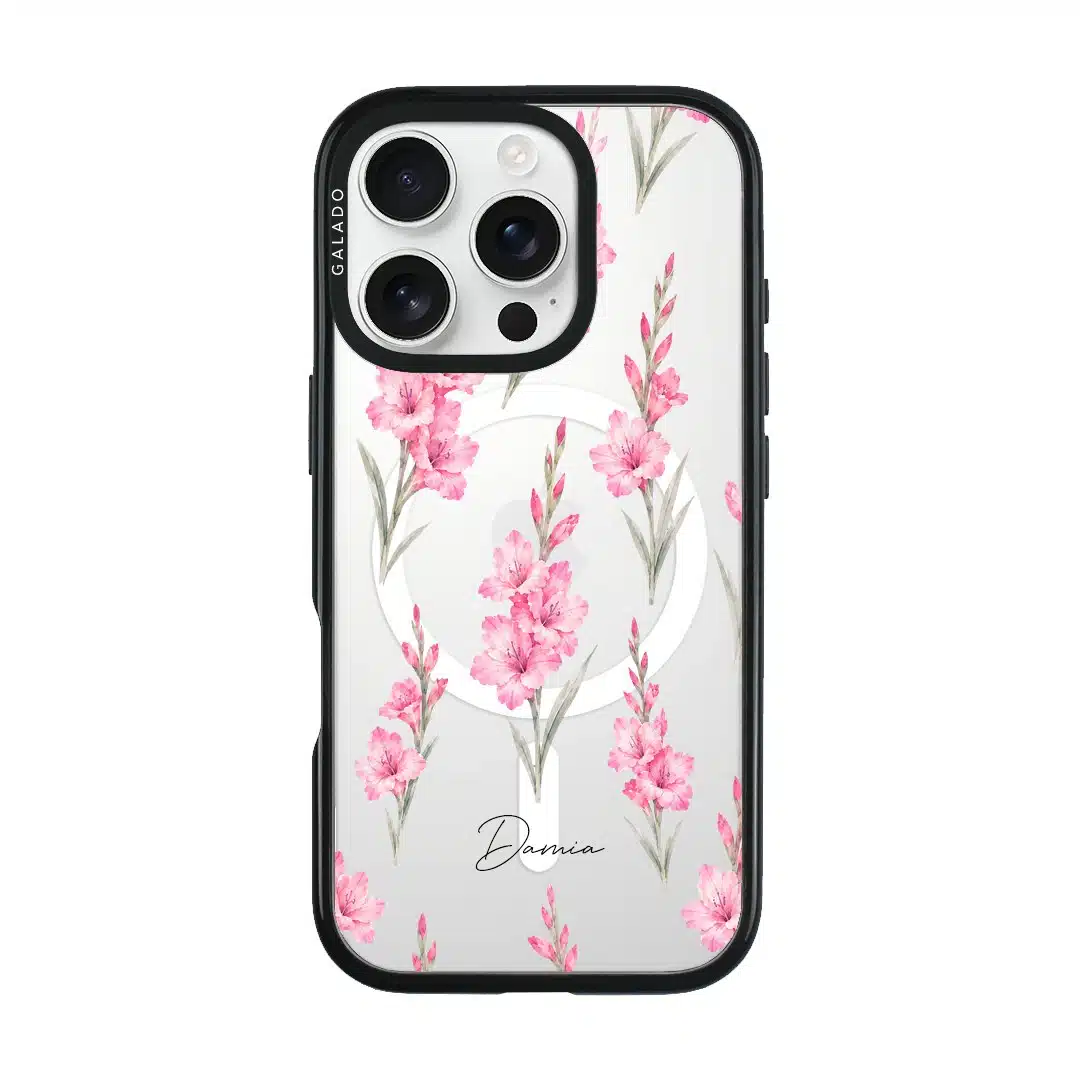 Gladiolus Grace phone case, tall pink gladiolus stems on a clear case with a personalised script name