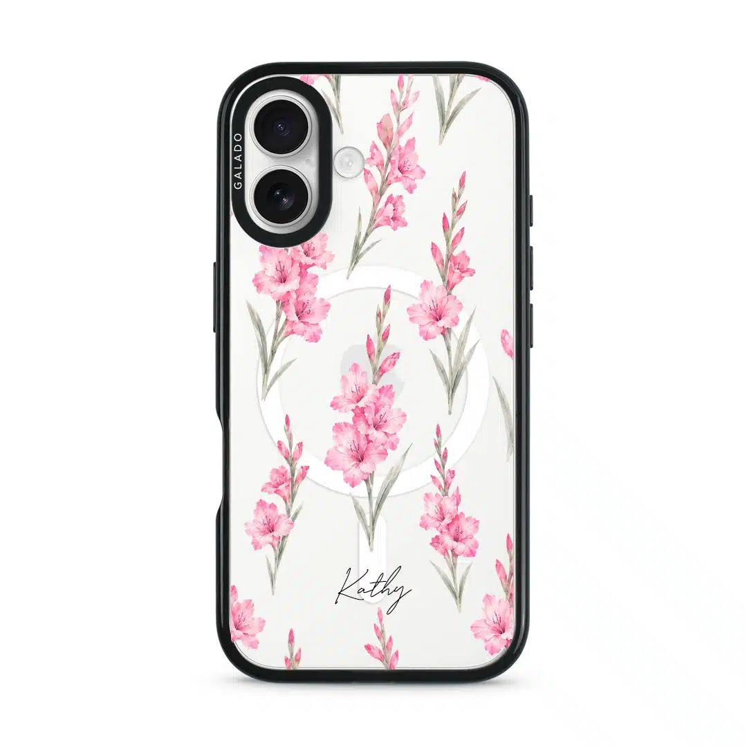 Gladiolus Grace phone case, tall pink gladiolus stems on a clear case with a personalised script name