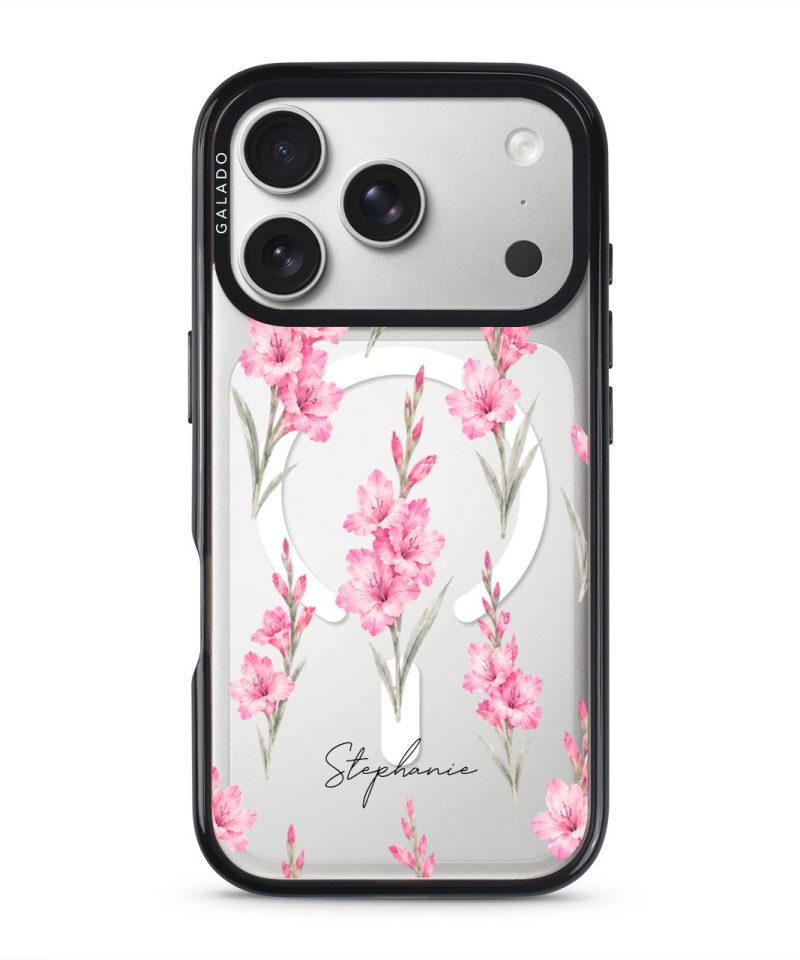 Gladiolus Grace phone case, tall pink gladiolus stems on a clear case with a personalised script name
