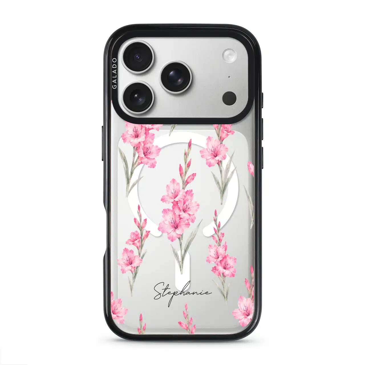 Gladiolus Grace phone case, tall pink gladiolus stems on a clear case with a personalised script name