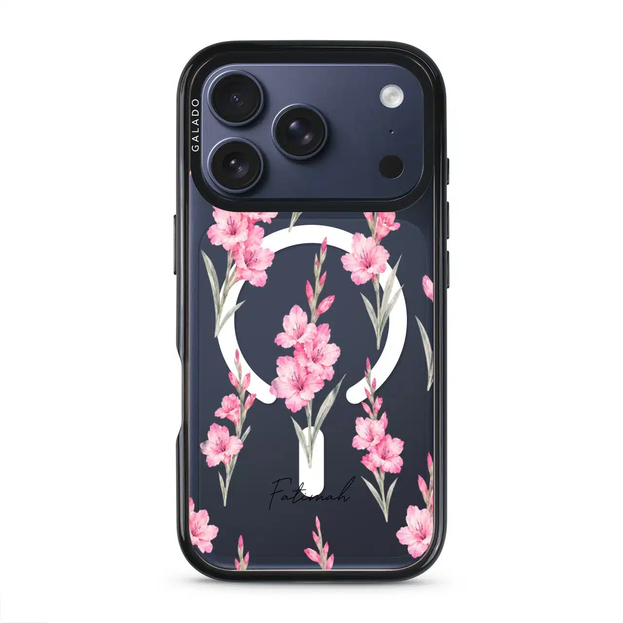 Gladiolus Grace phone case, tall pink gladiolus stems on a clear case with a personalised script name