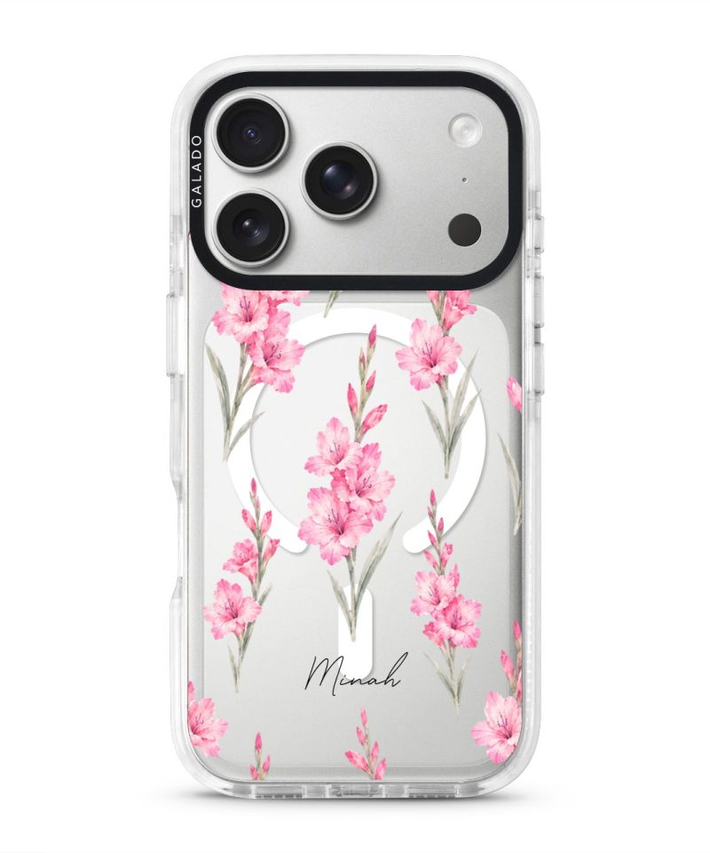 Gladiolus Grace phone case, tall pink gladiolus stems on a clear case with a personalised script name