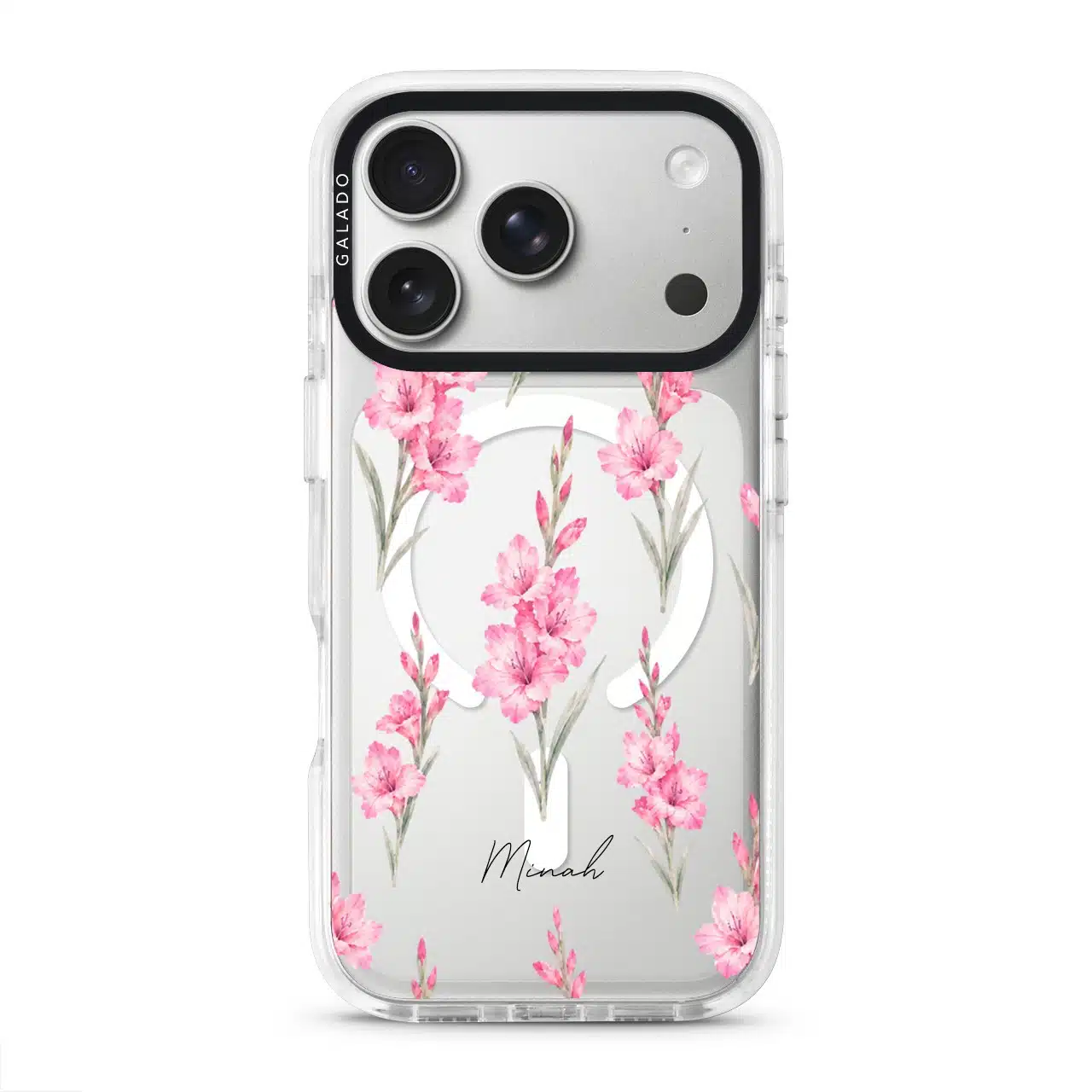 Gladiolus Grace phone case, tall pink gladiolus stems on a clear case with a personalised script name