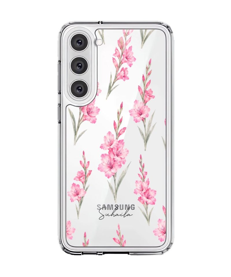 Gladiolus Grace phone case, tall pink gladiolus stems on a clear case with a personalised script name
