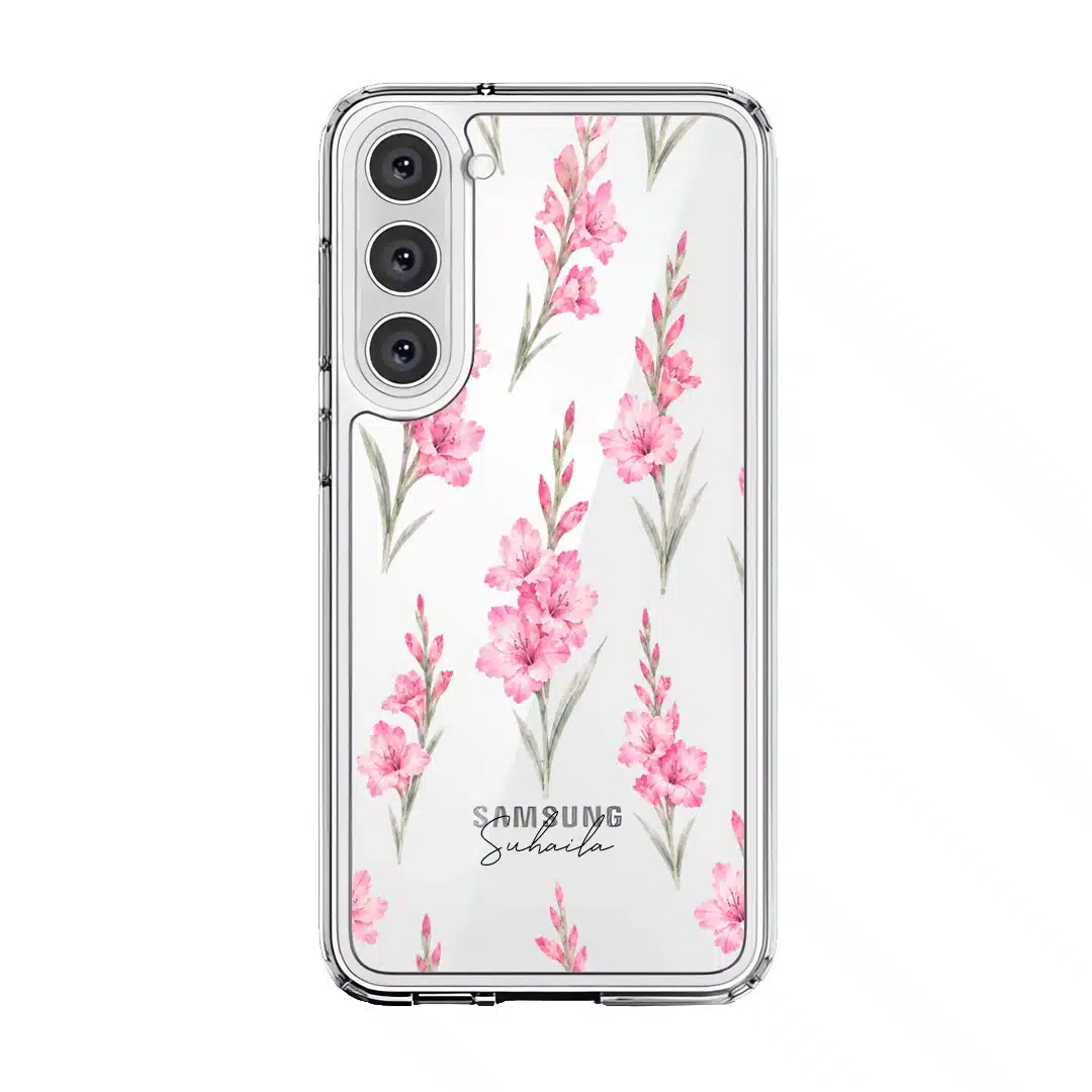 Gladiolus Grace phone case, tall pink gladiolus stems on a clear case with a personalised script name