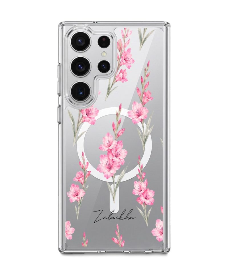 Gladiolus Grace phone case, tall pink gladiolus stems on a clear case with a personalised script name
