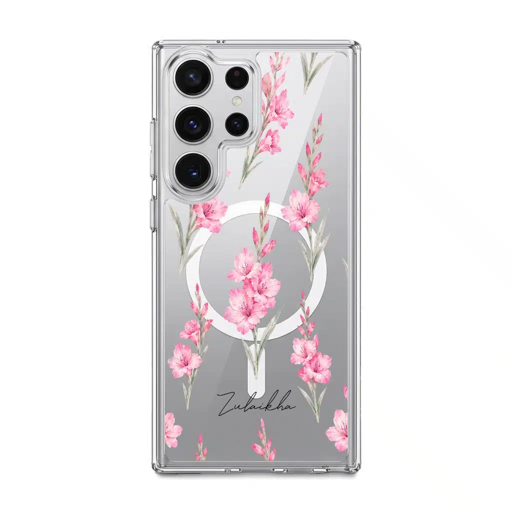 Gladiolus Grace phone case, tall pink gladiolus stems on a clear case with a personalised script name
