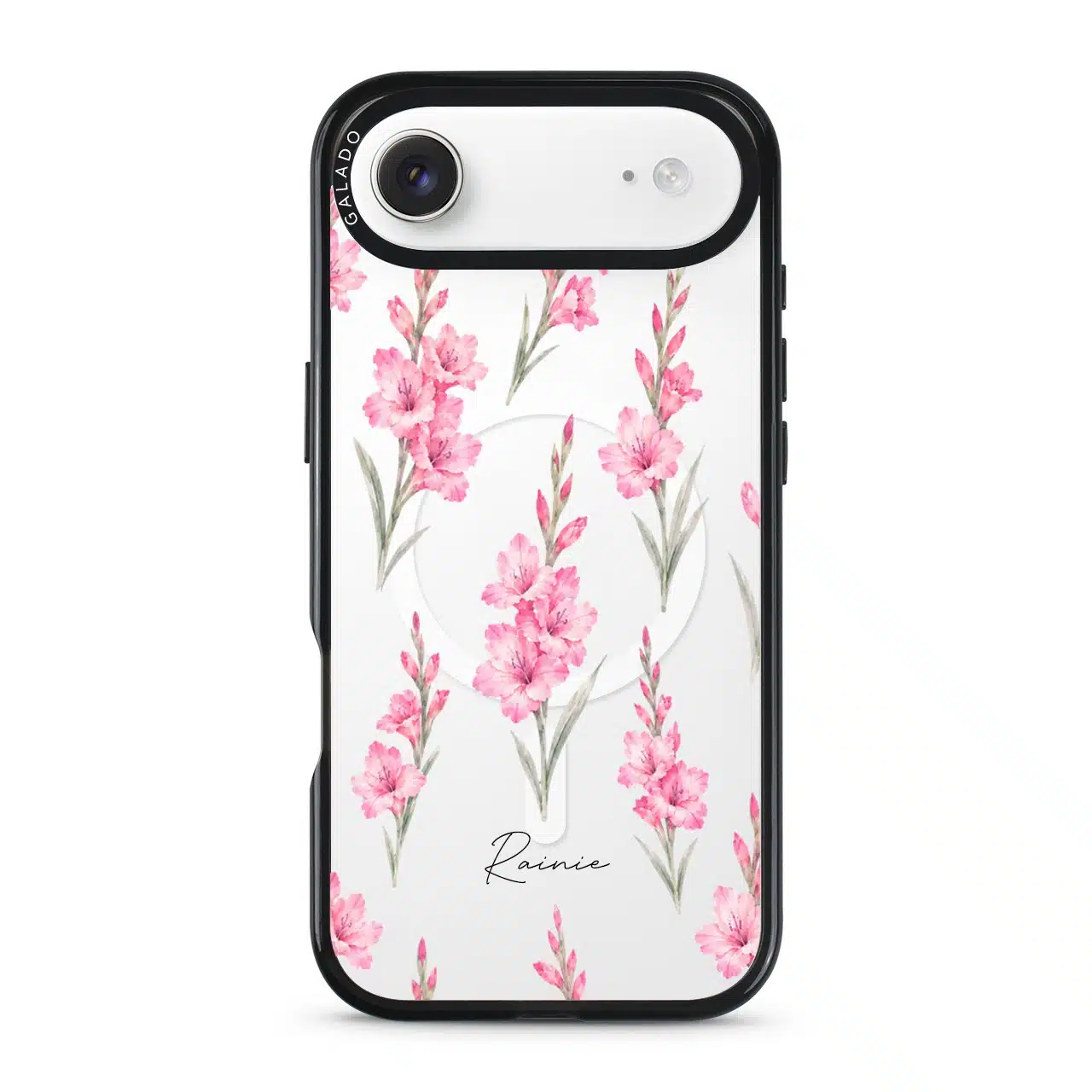 Gladiolus Grace phone case, tall pink gladiolus stems on a clear case with a personalised script name