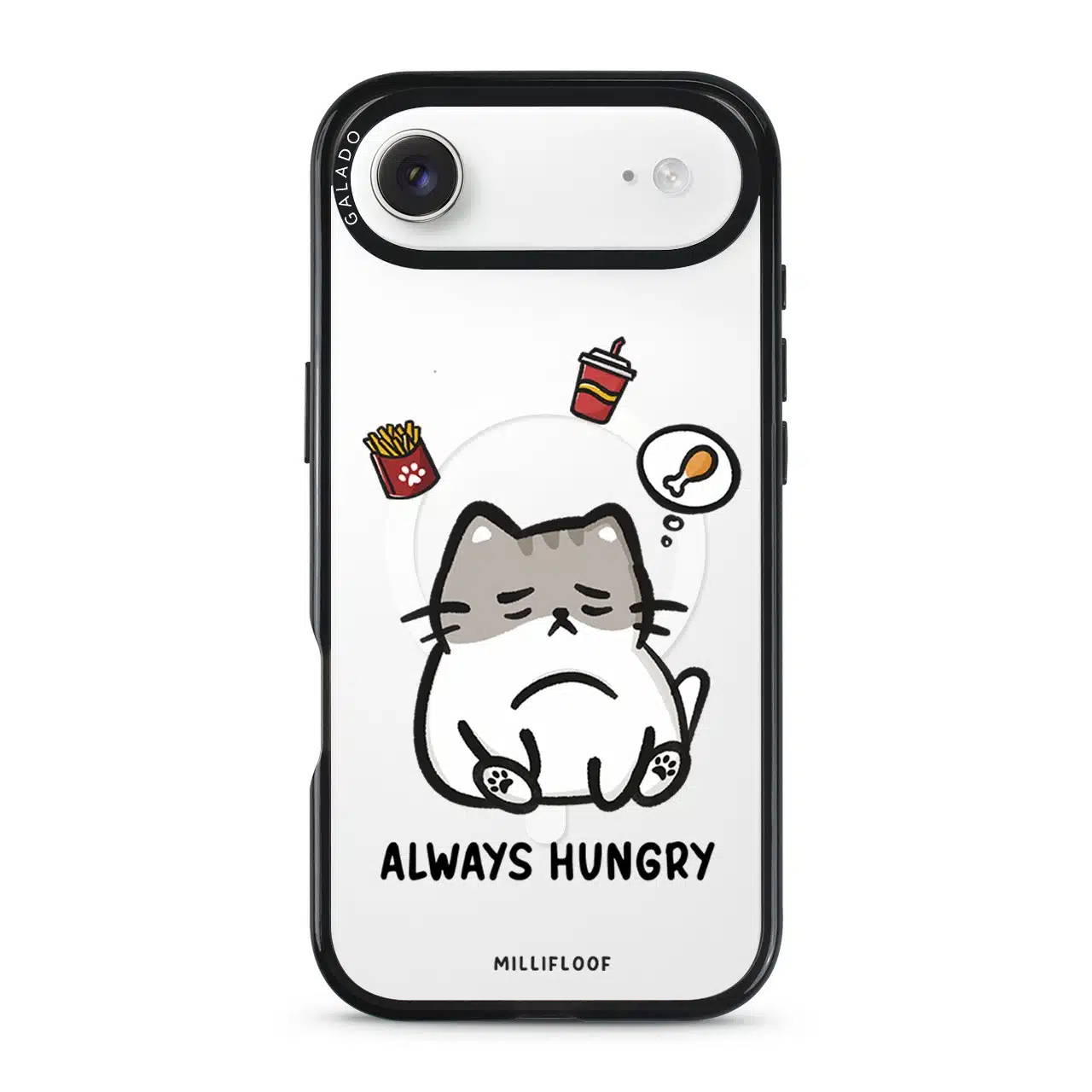 Always Hungry phone case by Millifloof, a tabby cat surrounded by fries and snacks