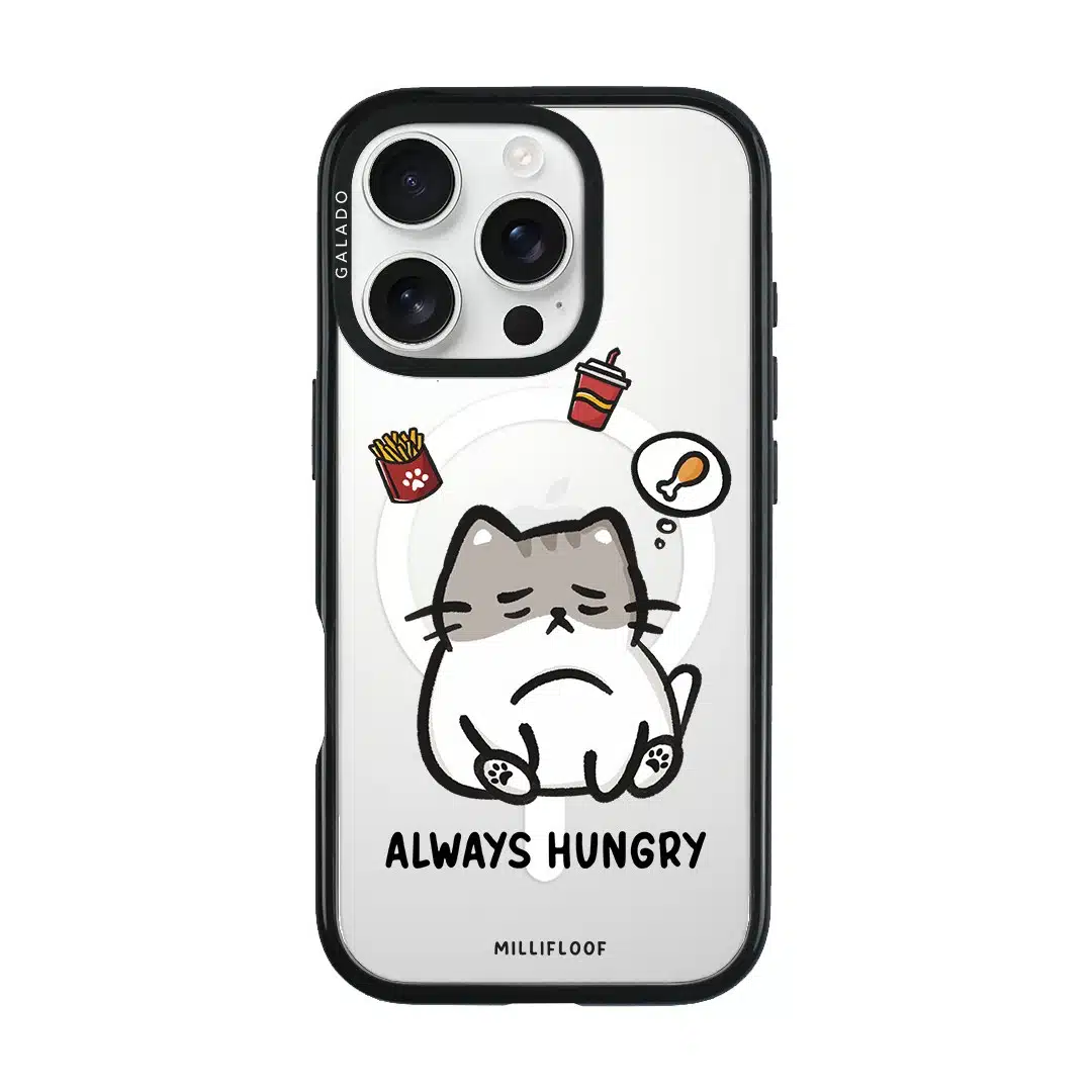 Always Hungry phone case by Millifloof, a tabby cat surrounded by fries and snacks