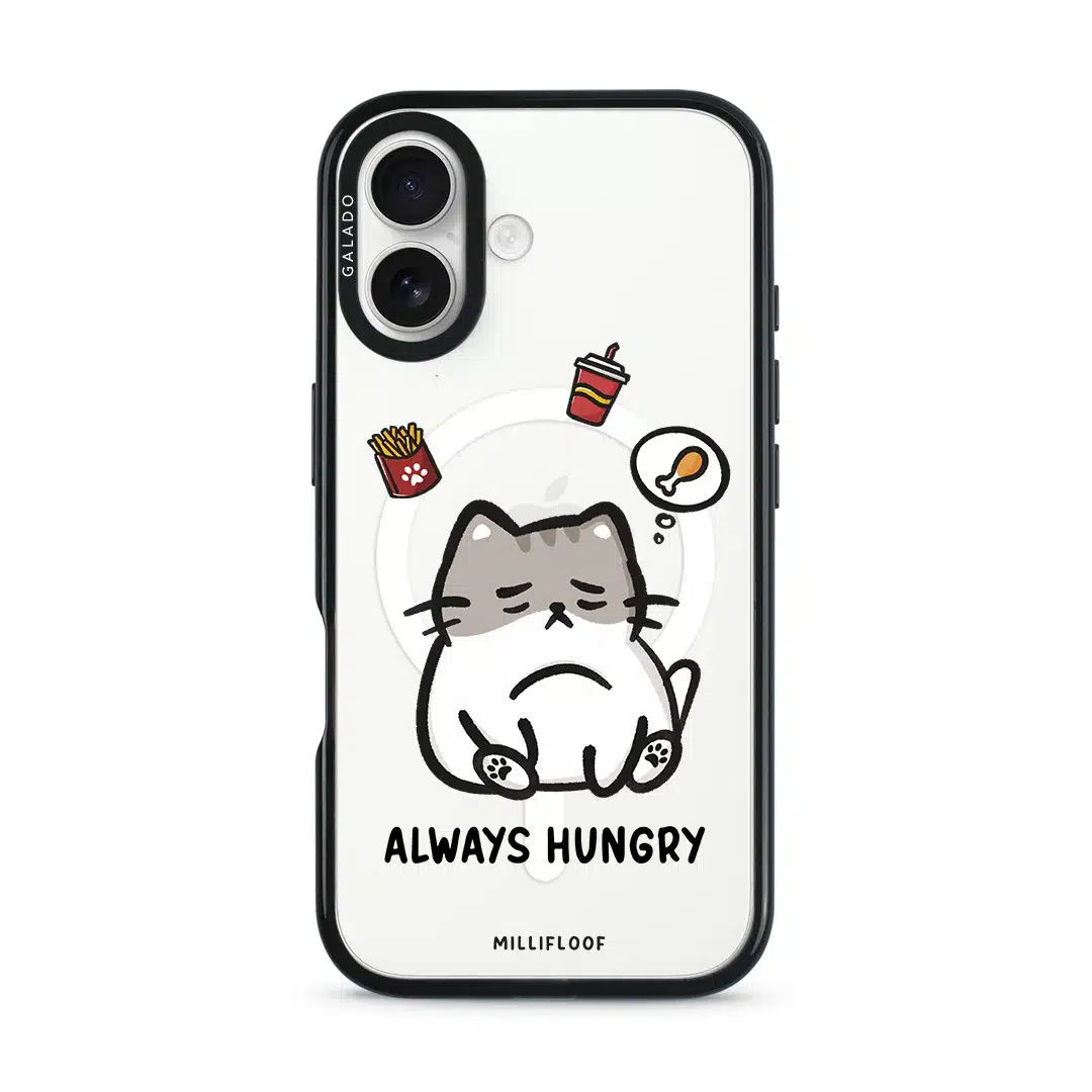Always Hungry phone case by Millifloof, a tabby cat surrounded by fries and snacks