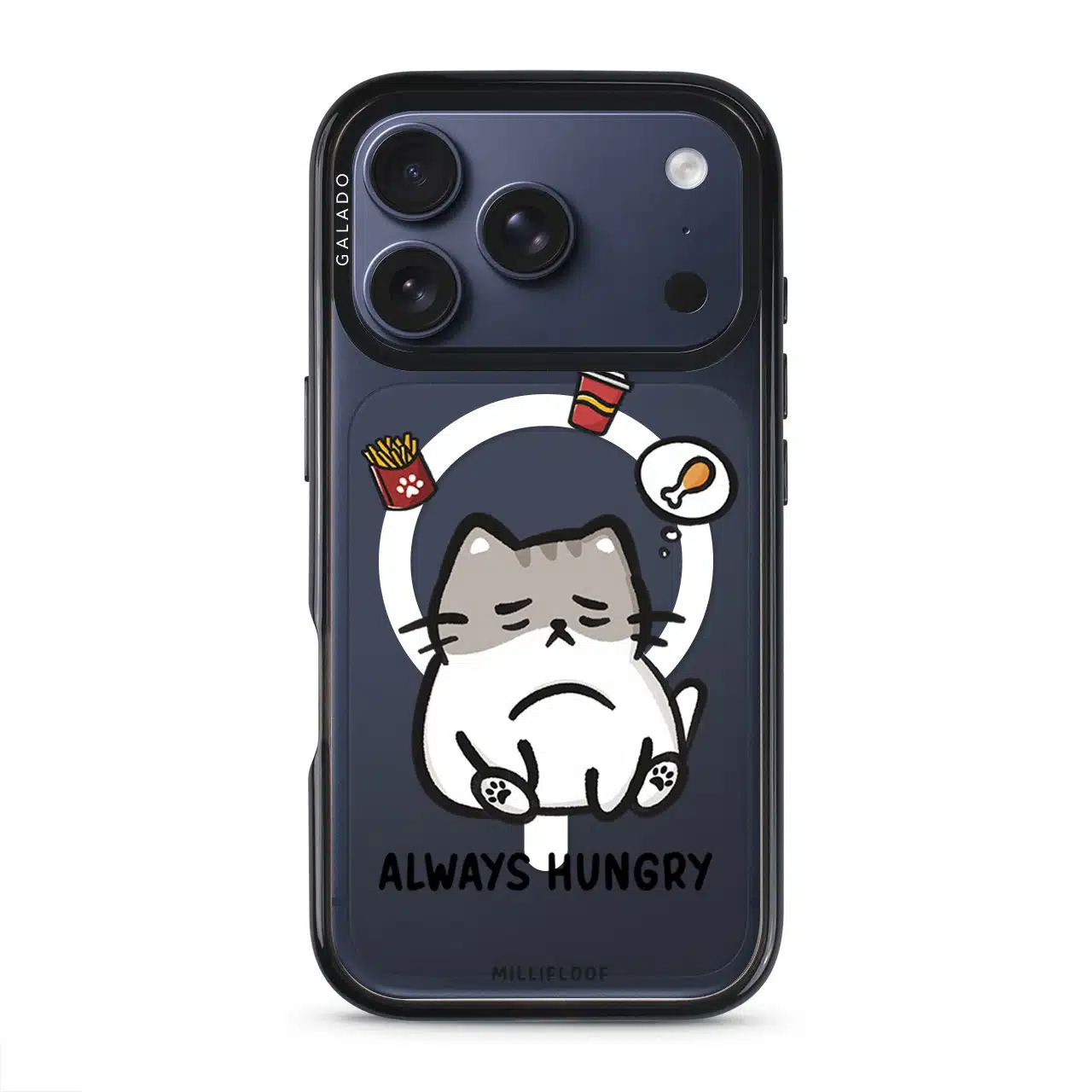 Always Hungry phone case by Millifloof, a tabby cat surrounded by fries and snacks