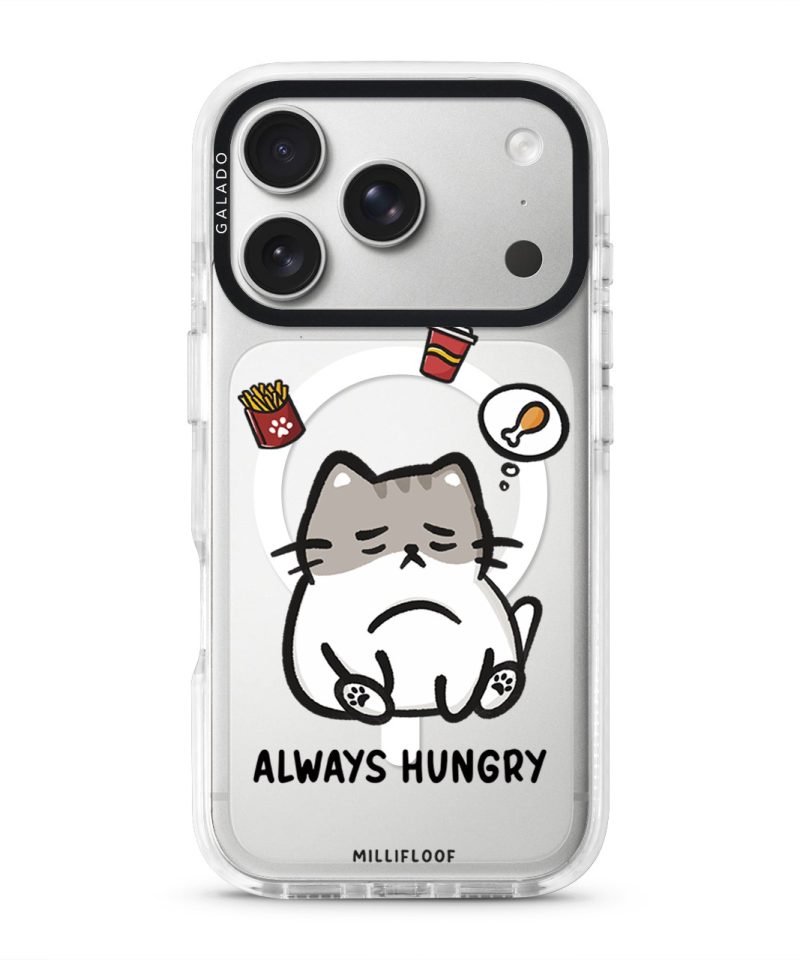Always Hungry phone case by Millifloof, a tabby cat surrounded by fries and snacks