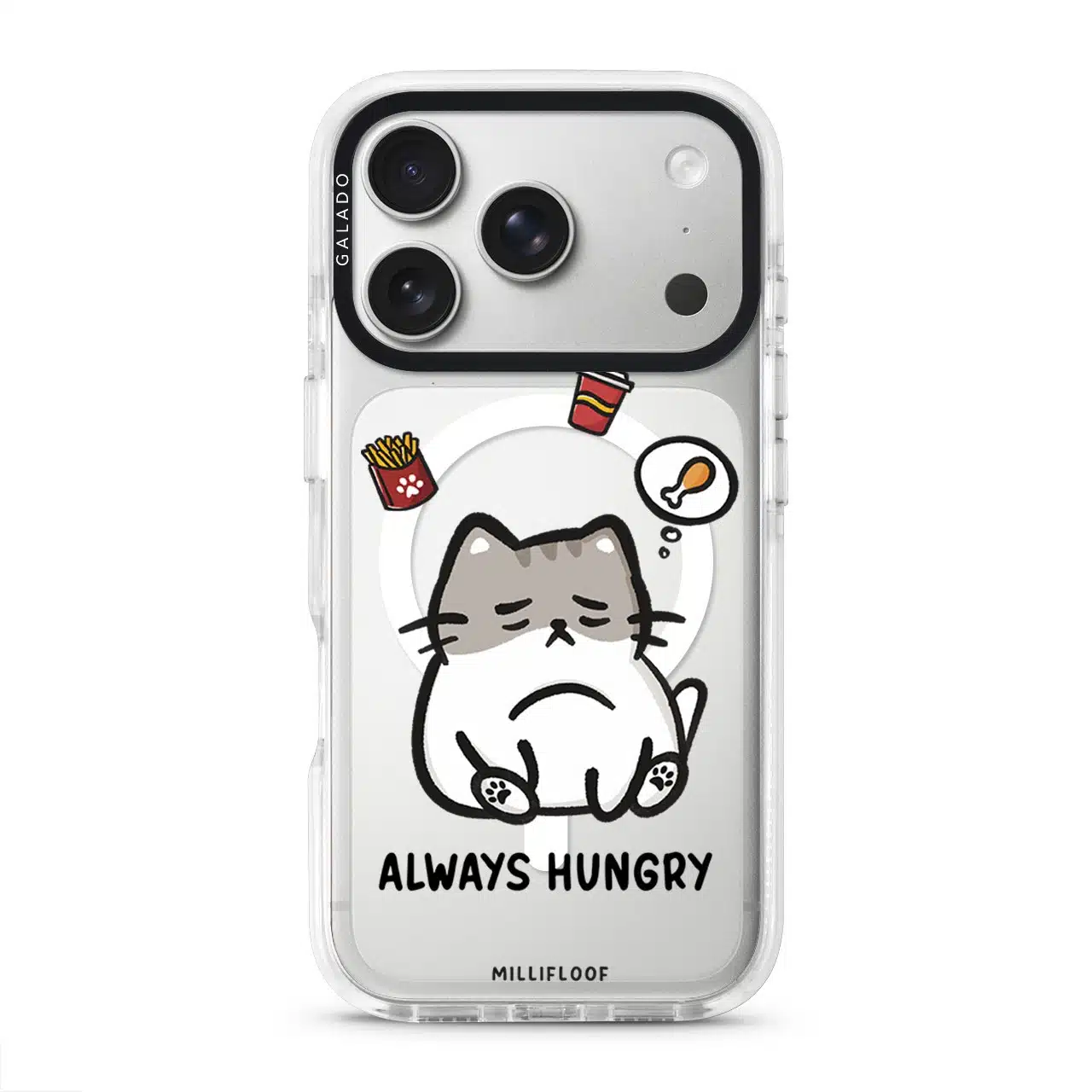 Always Hungry phone case by Millifloof, a tabby cat surrounded by fries and snacks