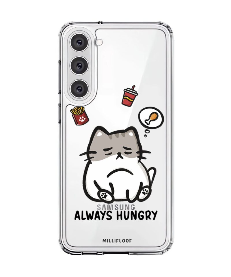 Always Hungry phone case by Millifloof, a tabby cat surrounded by fries and snacks