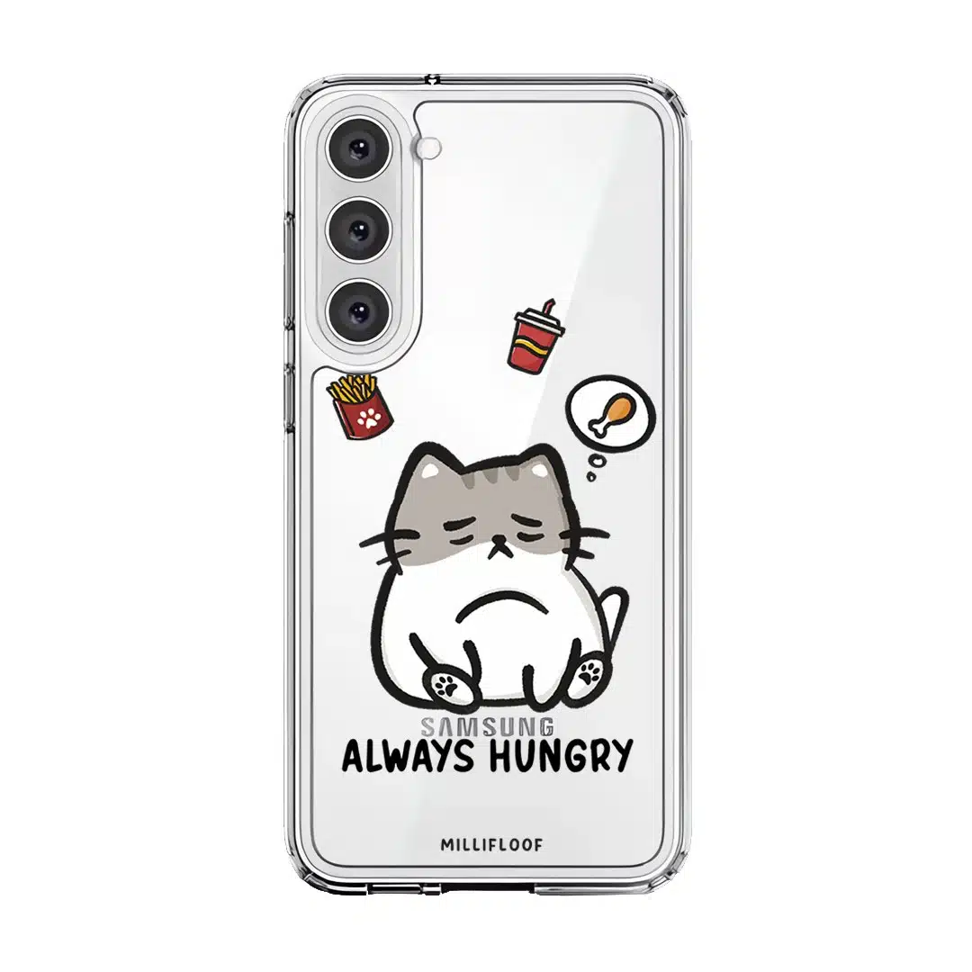 Always Hungry phone case by Millifloof, a tabby cat surrounded by fries and snacks