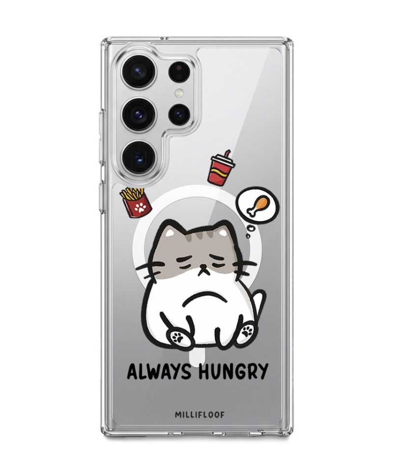 Always Hungry phone case by Millifloof, a tabby cat surrounded by fries and snacks