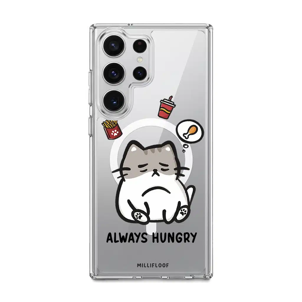 Always Hungry phone case by Millifloof, a tabby cat surrounded by fries and snacks