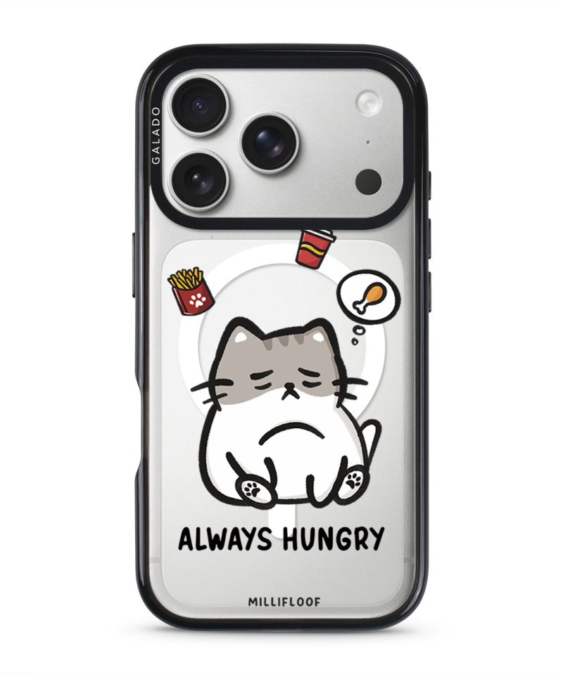 Always Hungry phone case by Millifloof, a tabby cat surrounded by fries and snacks