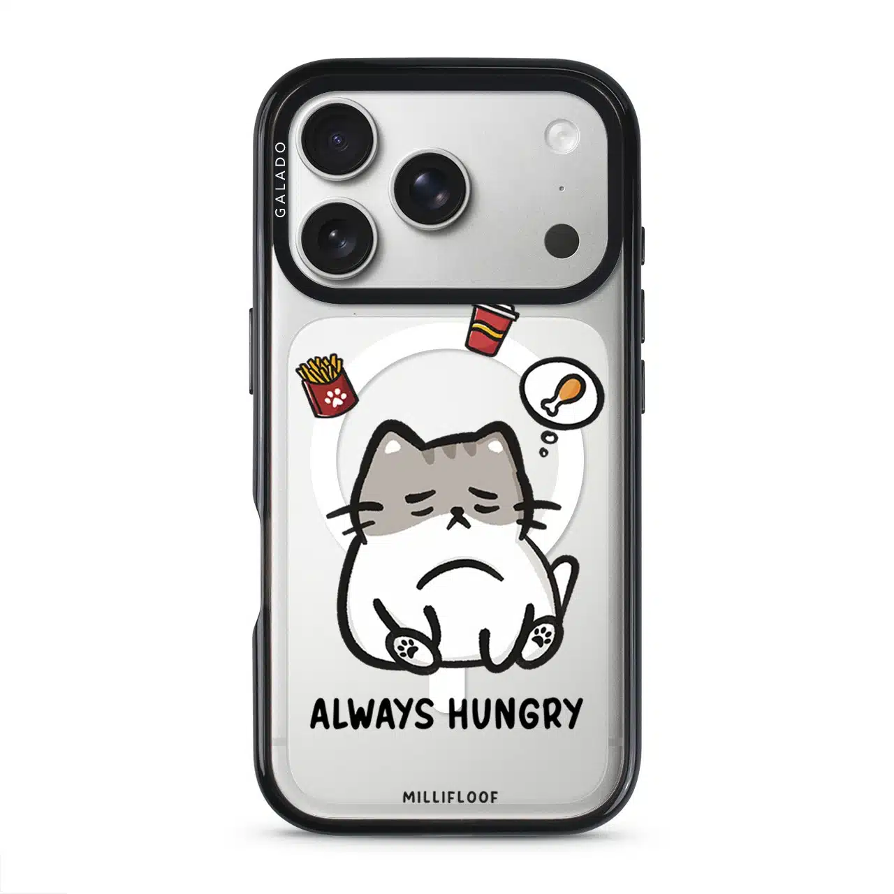 Always Hungry phone case by Millifloof, a tabby cat surrounded by fries and snacks