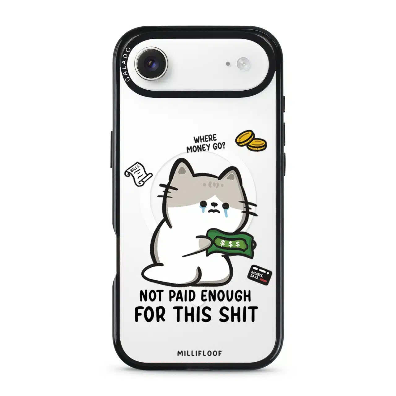 Not Paid Enough phone case by Millifloof, a tabby cat holding a banknote as coins float away