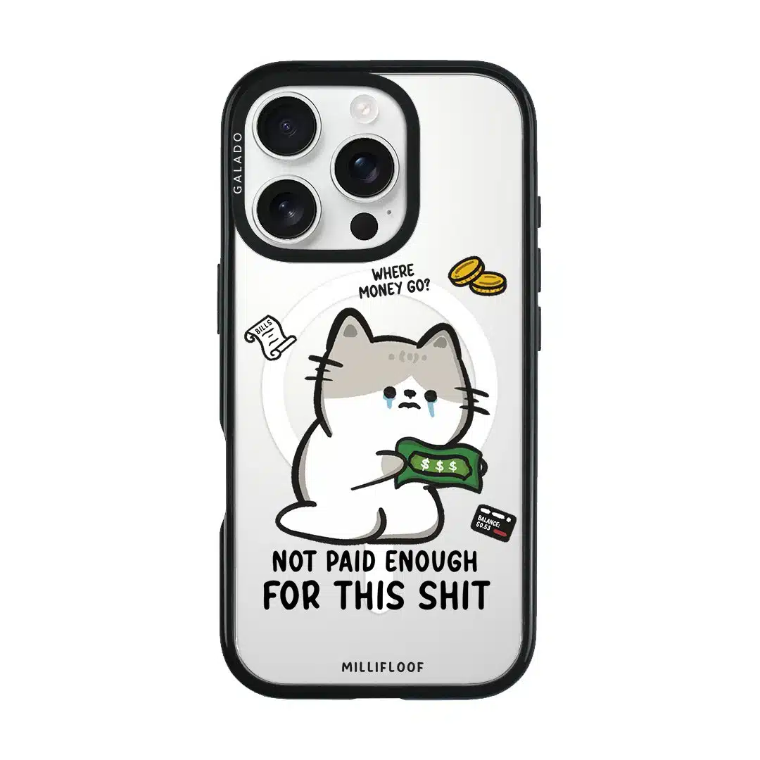 Not Paid Enough phone case by Millifloof, a tabby cat holding a banknote as coins float away