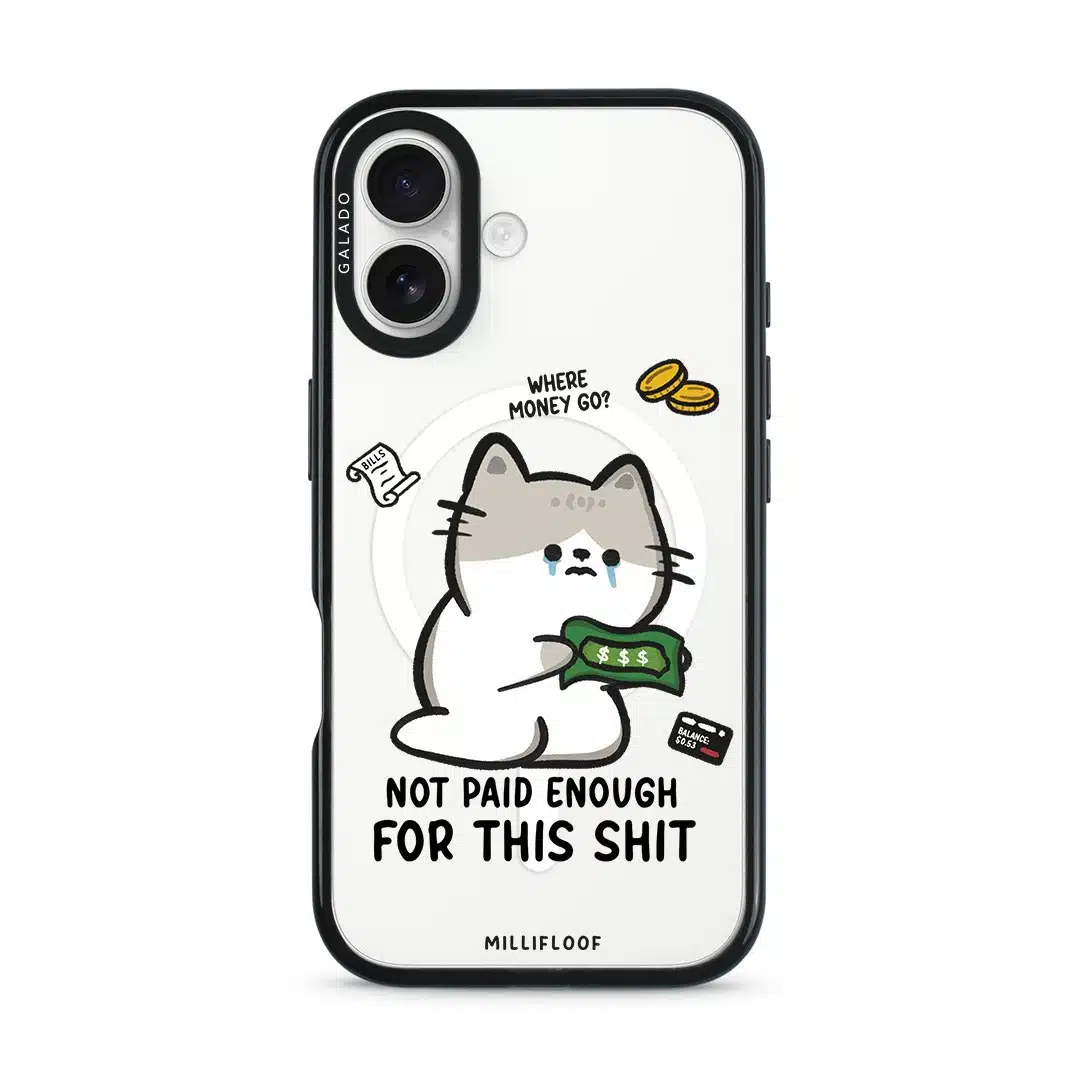 Not Paid Enough phone case by Millifloof, a tabby cat holding a banknote as coins float away