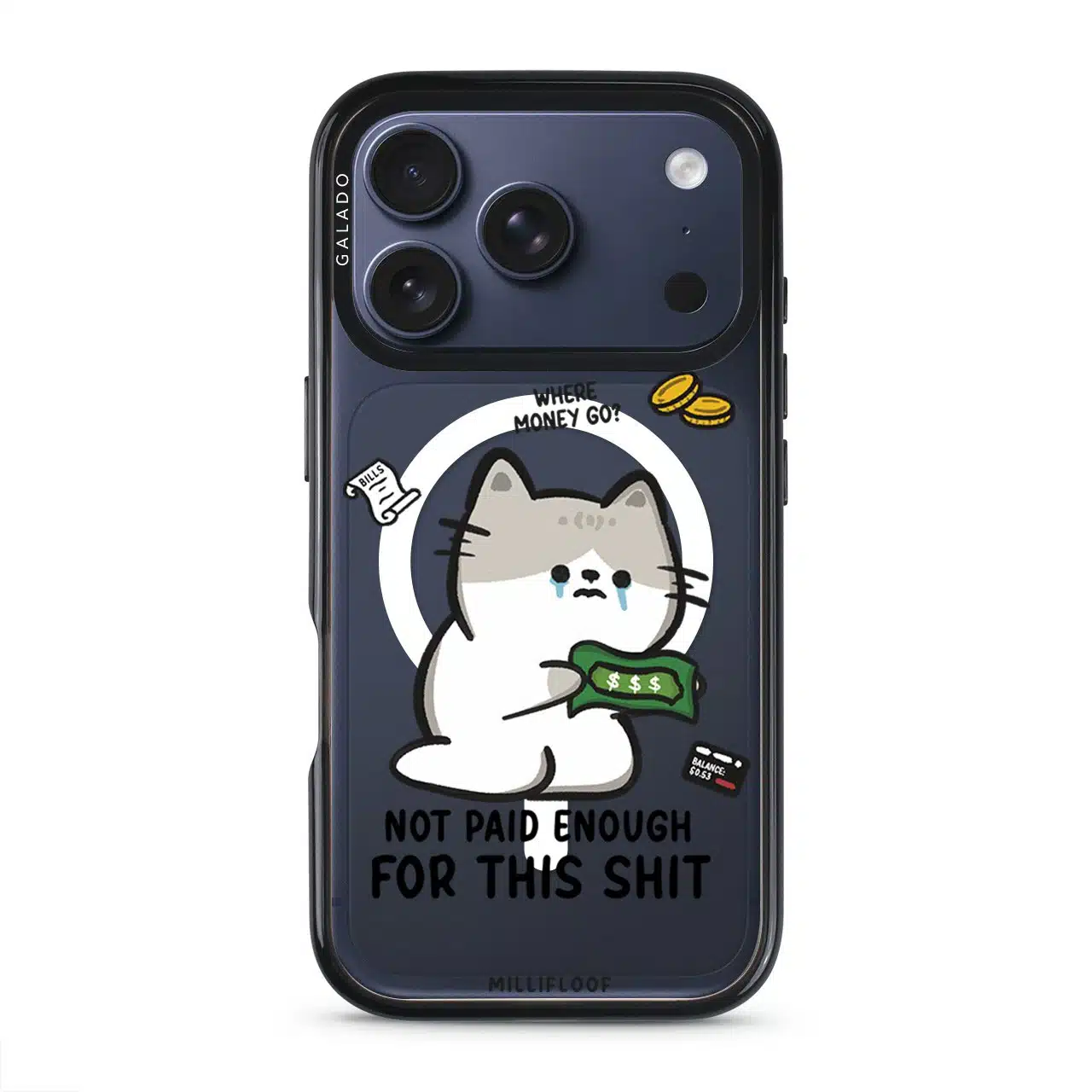 Not Paid Enough phone case by Millifloof, a tabby cat holding a banknote as coins float away