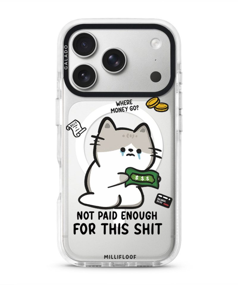 Not Paid Enough phone case by Millifloof, a tabby cat holding a banknote as coins float away