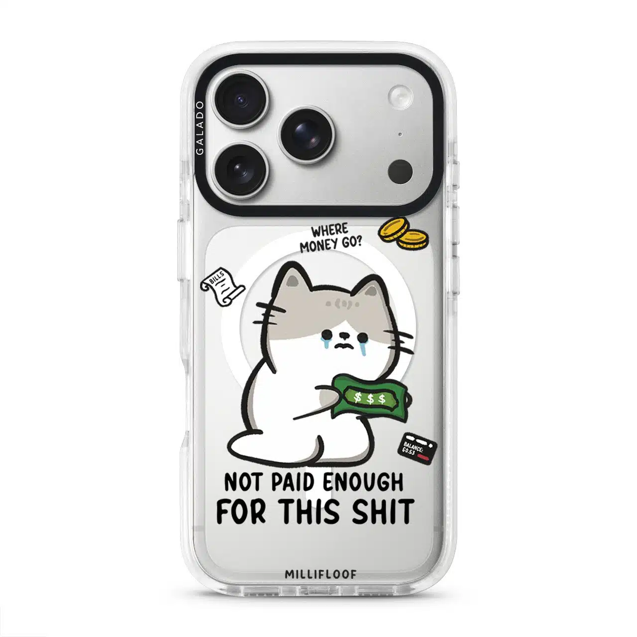 Not Paid Enough phone case by Millifloof, a tabby cat holding a banknote as coins float away