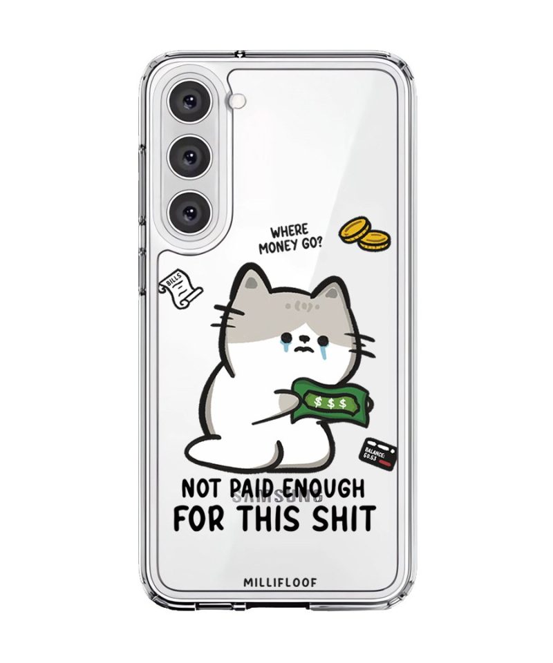 Not Paid Enough phone case by Millifloof, a tabby cat holding a banknote as coins float away