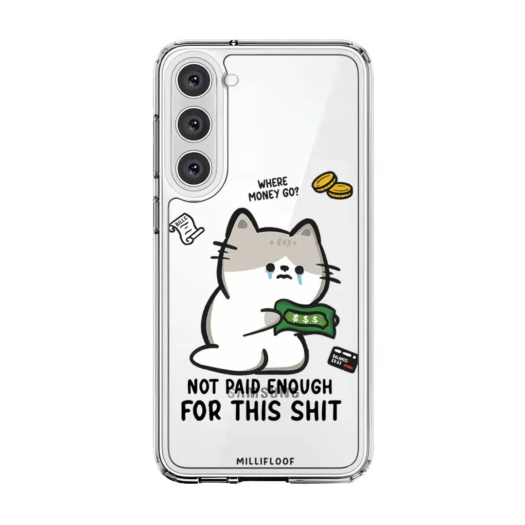 Not Paid Enough phone case by Millifloof, a tabby cat holding a banknote as coins float away