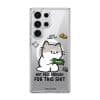 Not Paid Enough phone case by Millifloof, a tabby cat holding a banknote as coins float away