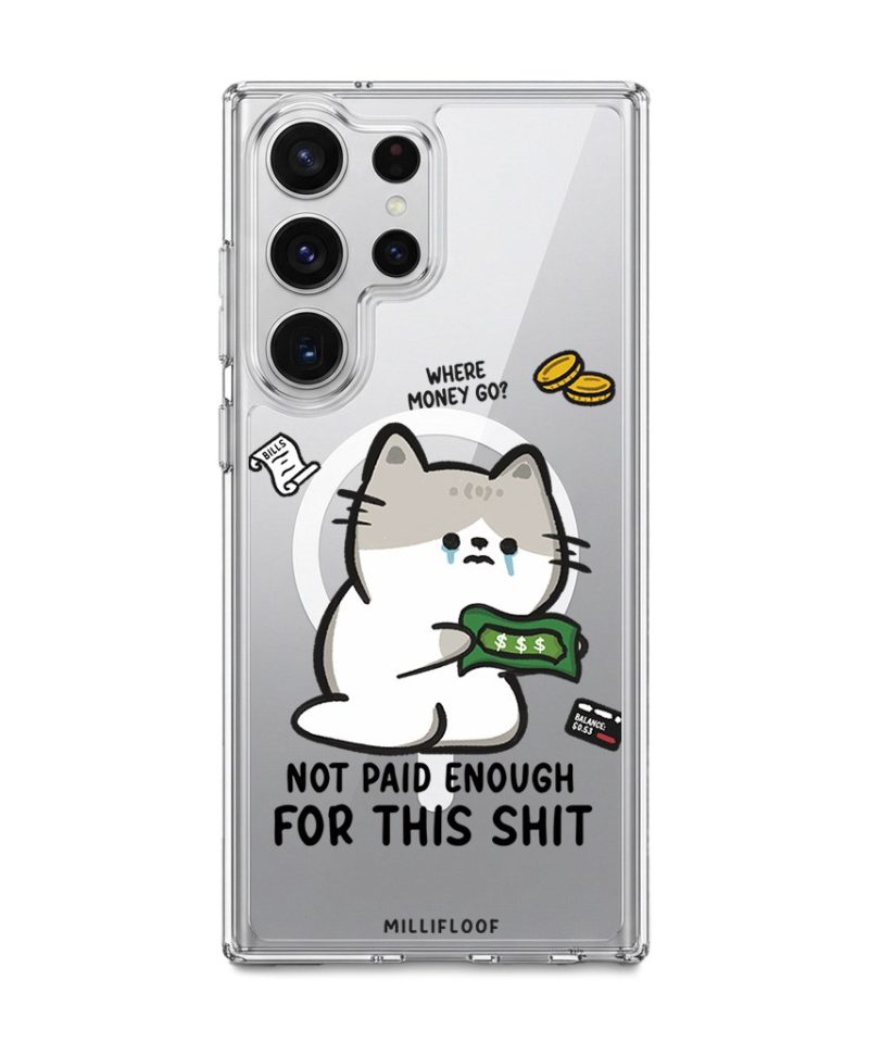 Not Paid Enough phone case by Millifloof, a tabby cat holding a banknote as coins float away