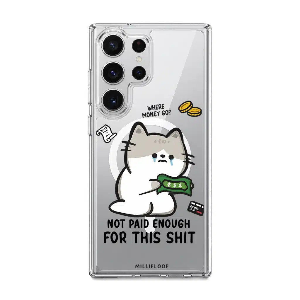 Not Paid Enough phone case by Millifloof, a tabby cat holding a banknote as coins float away