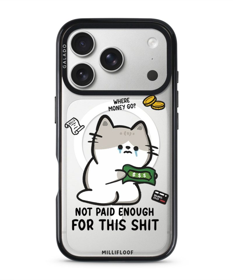 Not Paid Enough phone case by Millifloof, a tabby cat holding a banknote as coins float away