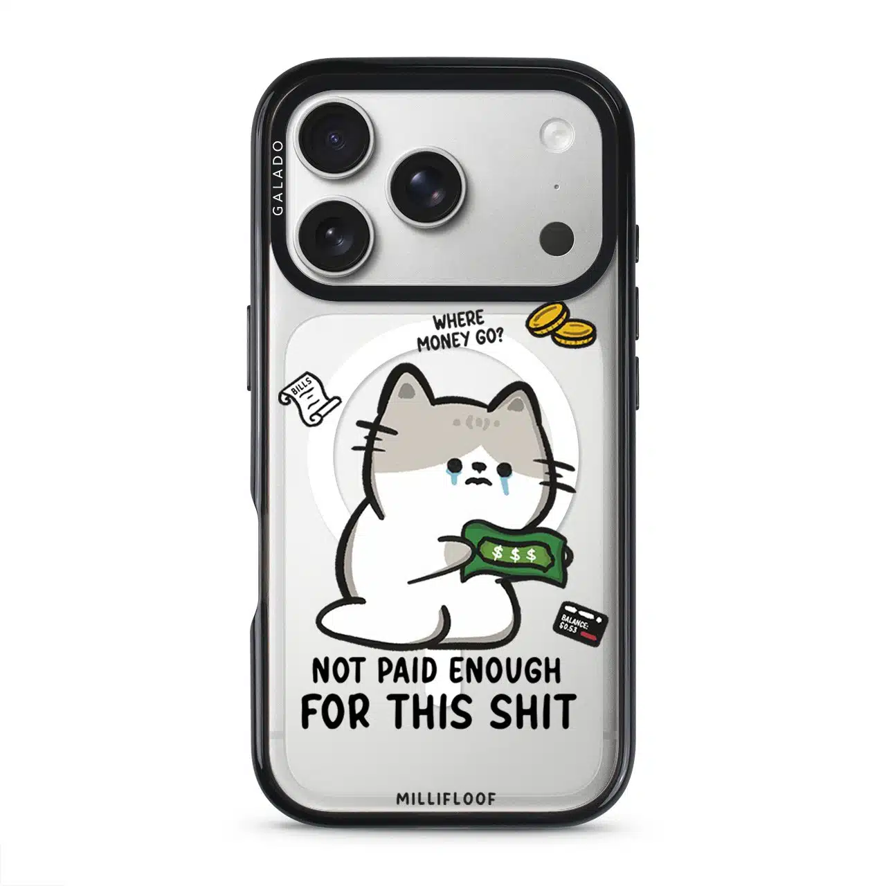 Not Paid Enough phone case by Millifloof, a tabby cat holding a banknote as coins float away