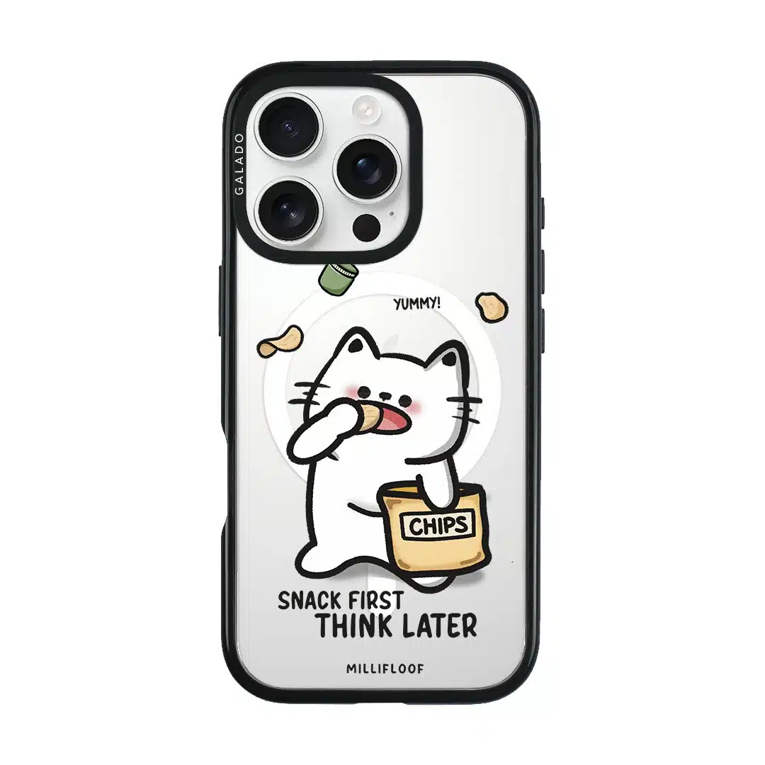 Snack First Think Later phone case by Millifloof, a white cat eating from a bag of chips