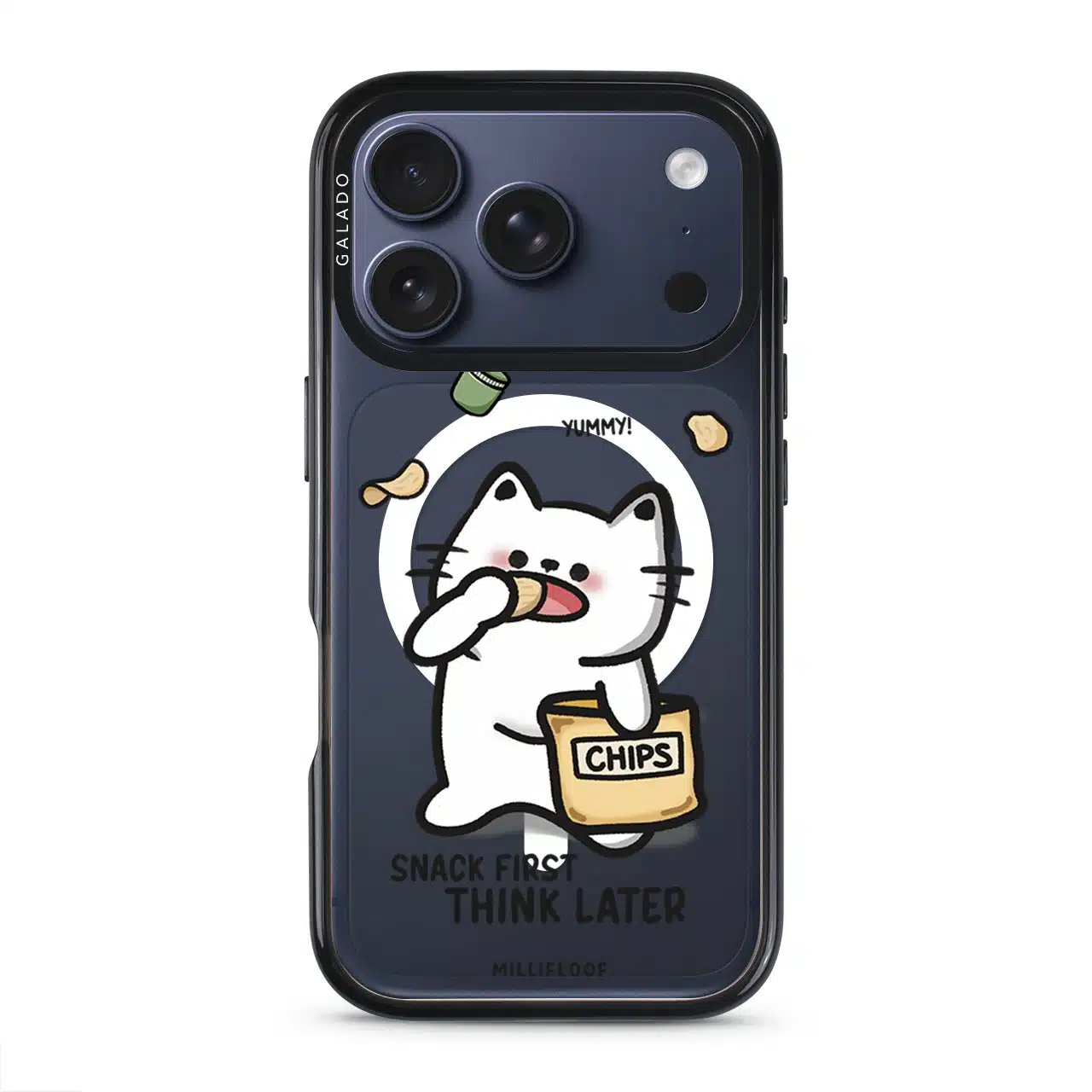 Snack First Think Later phone case by Millifloof, a white cat eating from a bag of chips