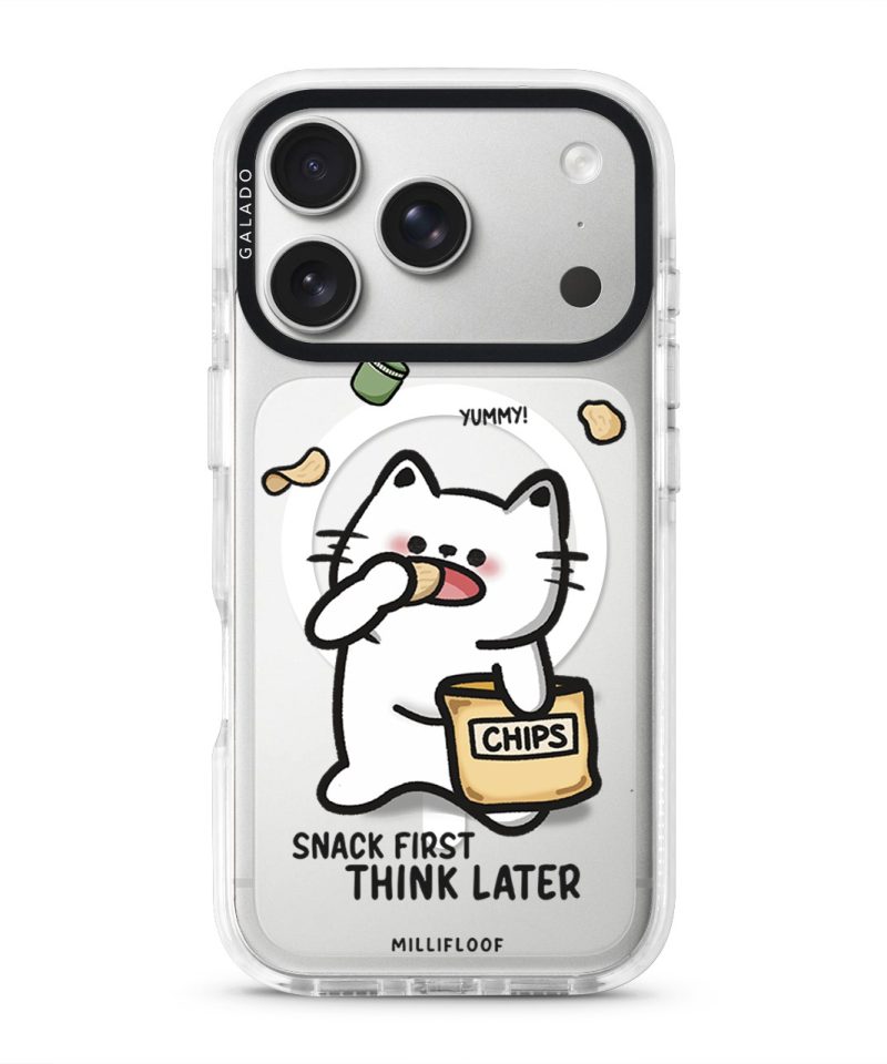 Snack First Think Later phone case by Millifloof, a white cat eating from a bag of chips