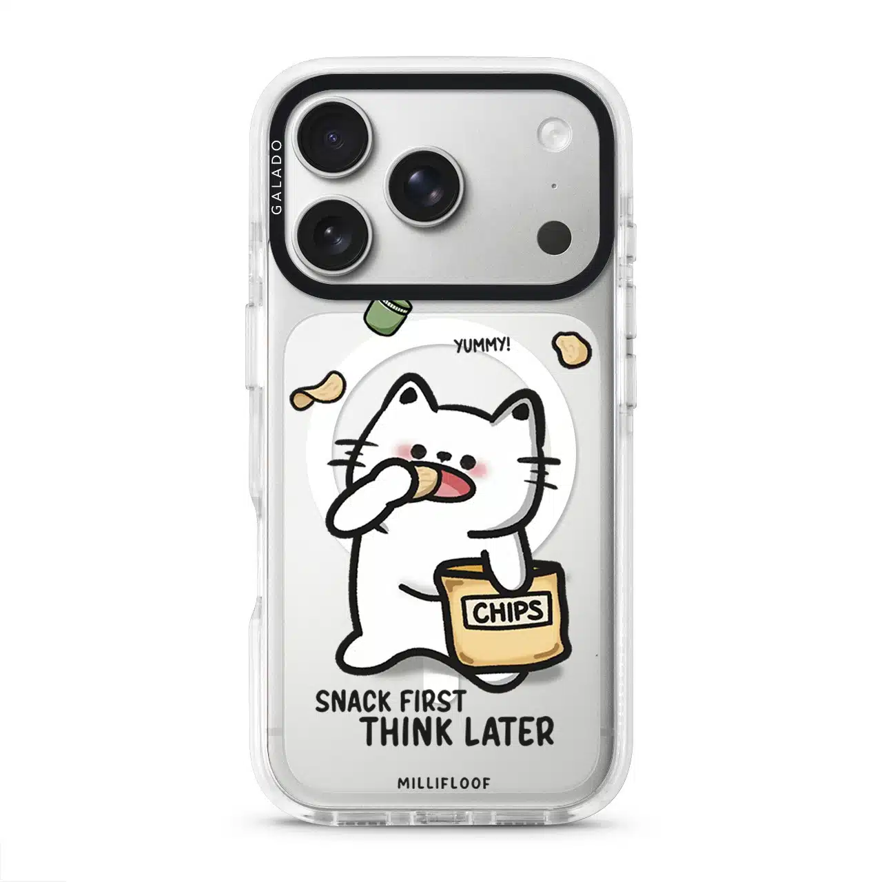 Snack First Think Later phone case by Millifloof, a white cat eating from a bag of chips