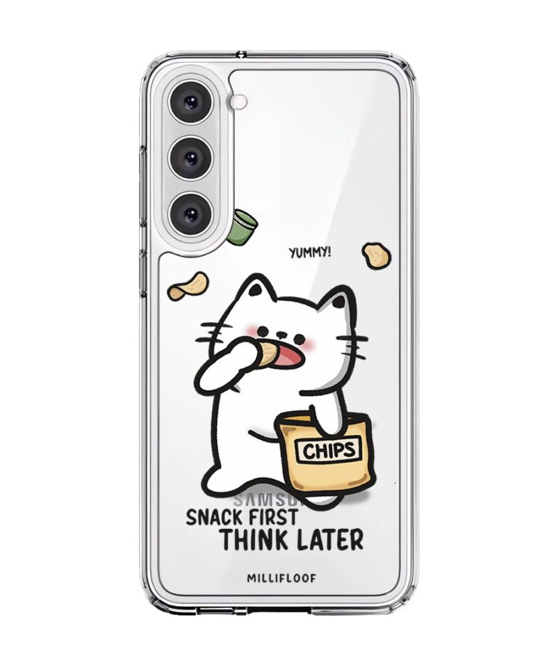 Snack First Think Later phone case by Millifloof, a white cat eating from a bag of chips
