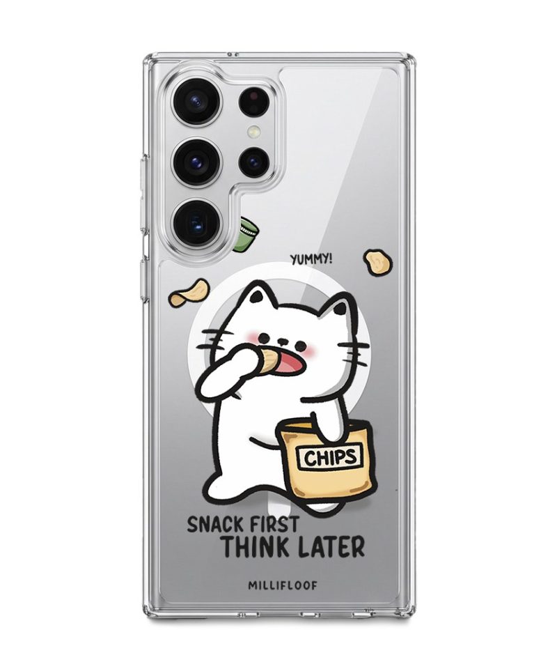 Snack First Think Later phone case by Millifloof, a white cat eating from a bag of chips