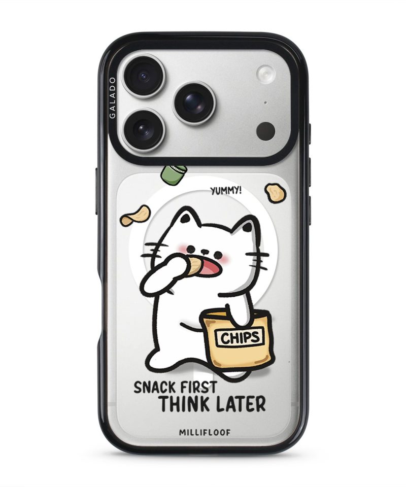 Snack First Think Later phone case by Millifloof, a white cat eating from a bag of chips