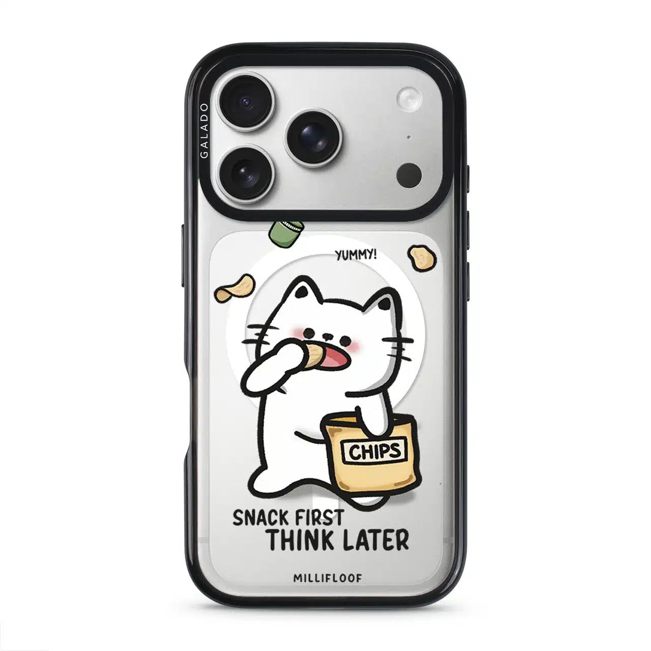 Snack First Think Later phone case by Millifloof, a white cat eating from a bag of chips