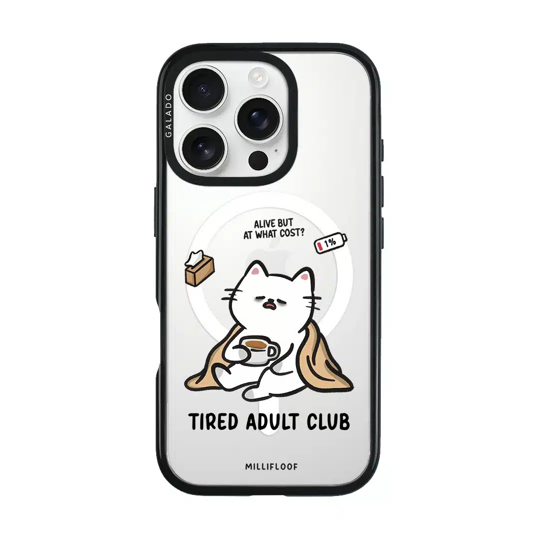 Tired Adult Club phone case by Millifloof, a white cat lying across a croissant