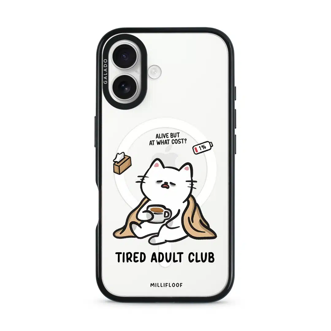 Tired Adult Club phone case by Millifloof, a white cat lying across a croissant