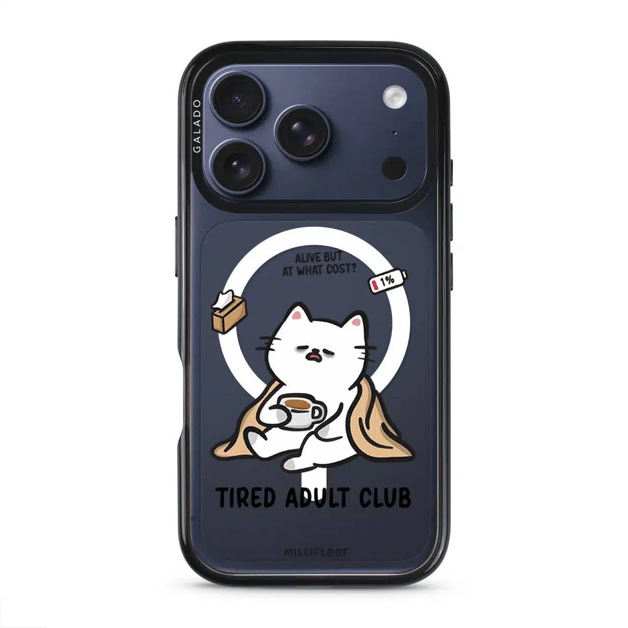 Tired Adult Club phone case by Millifloof, a white cat lying across a croissant