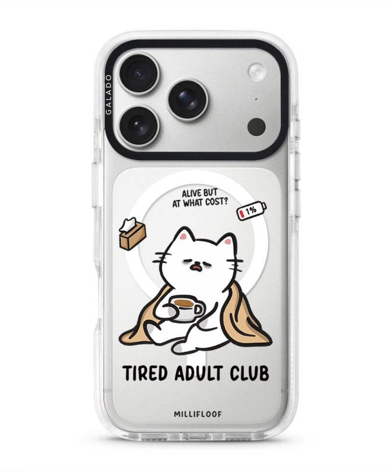 Tired Adult Club phone case by Millifloof, a white cat lying across a croissant