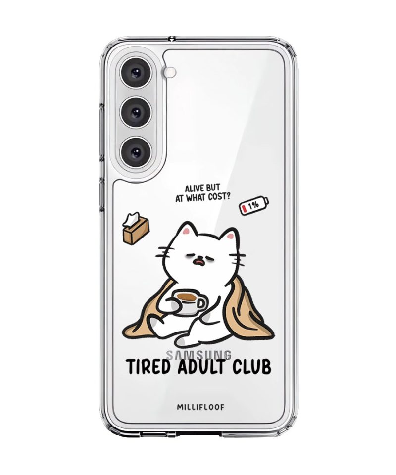 Tired Adult Club phone case by Millifloof, a white cat lying across a croissant